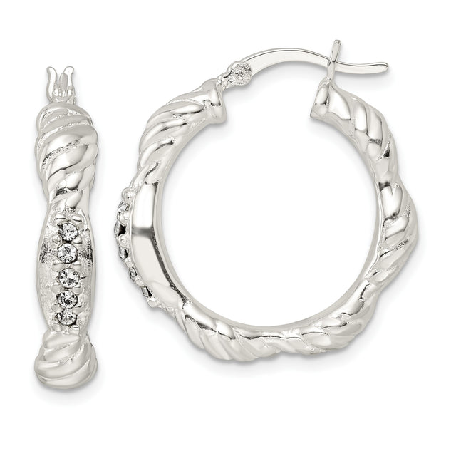 Sterling Silver Hoop Earrings with Cubic Zirconia, Twisted Rope Design, Scalloped Edges