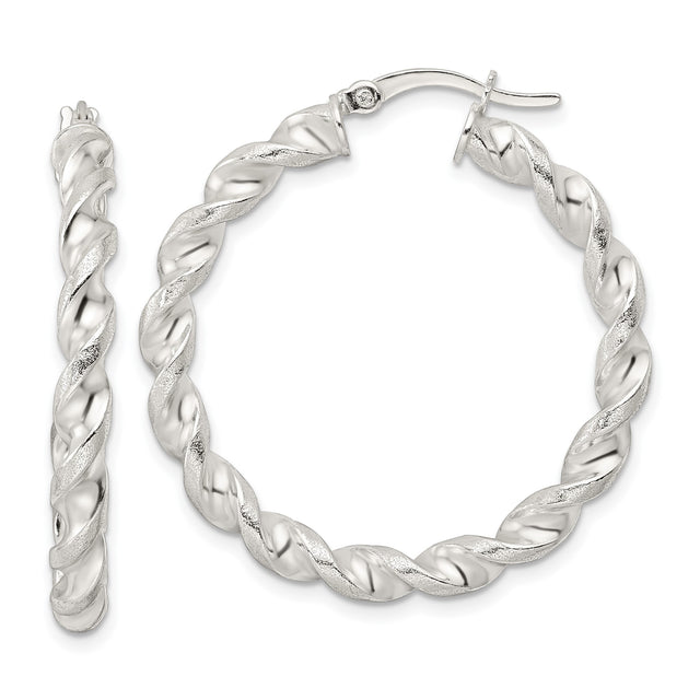 Sterling Silver Twisted Rope Hoop Earrings with Polished Textured Design for Women