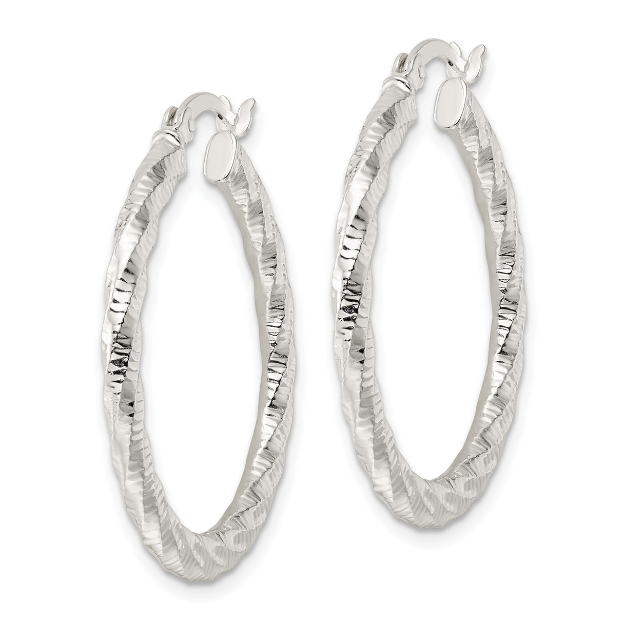 Sterling Silver Hoop Earrings, Twisted Hammered Texture with High-Polish Finish