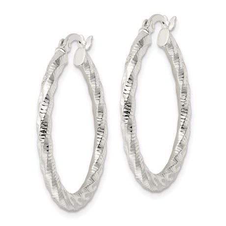 Sterling Silver Hoop Earrings, Twisted Hammered Texture with High-Polish Finish