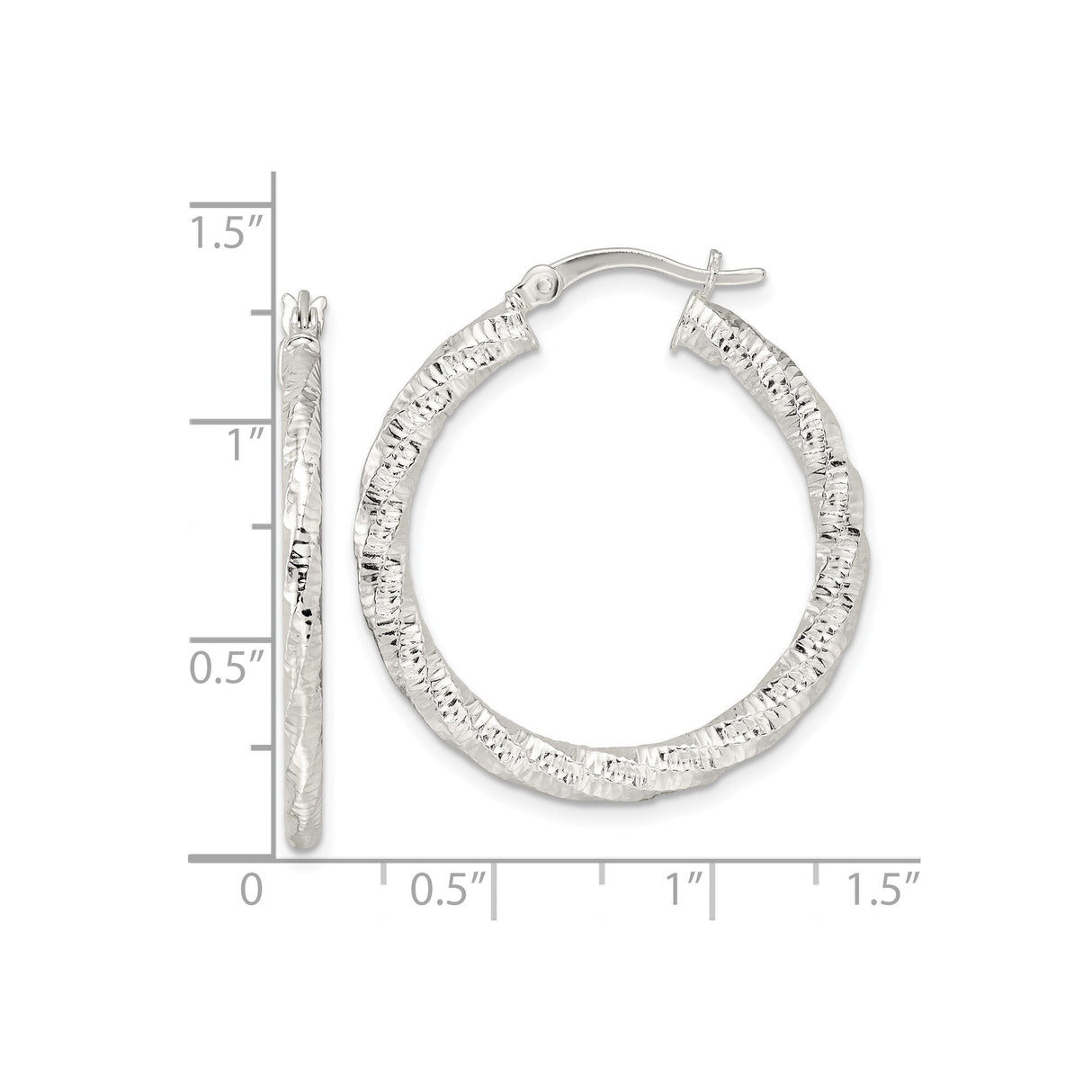 Sterling Silver Hoop Earrings, Twisted Hammered Texture with High-Polish Finish
