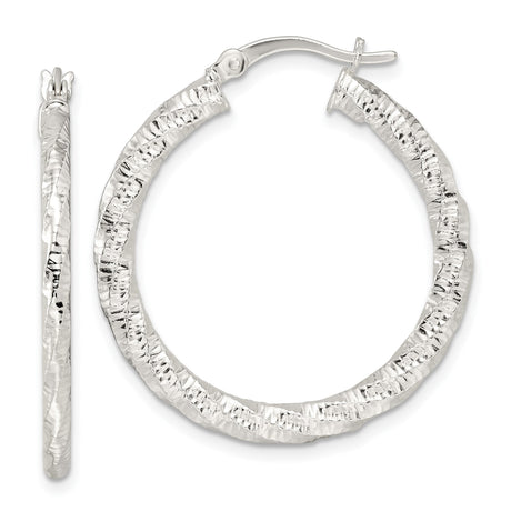 Sterling Silver Hoop Earrings, Twisted Hammered Texture with High-Polish Finish