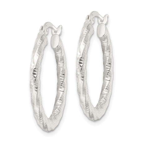 Sterling Silver Hoop Earrings, Hammered Twisted Design with Textured Polished Finish