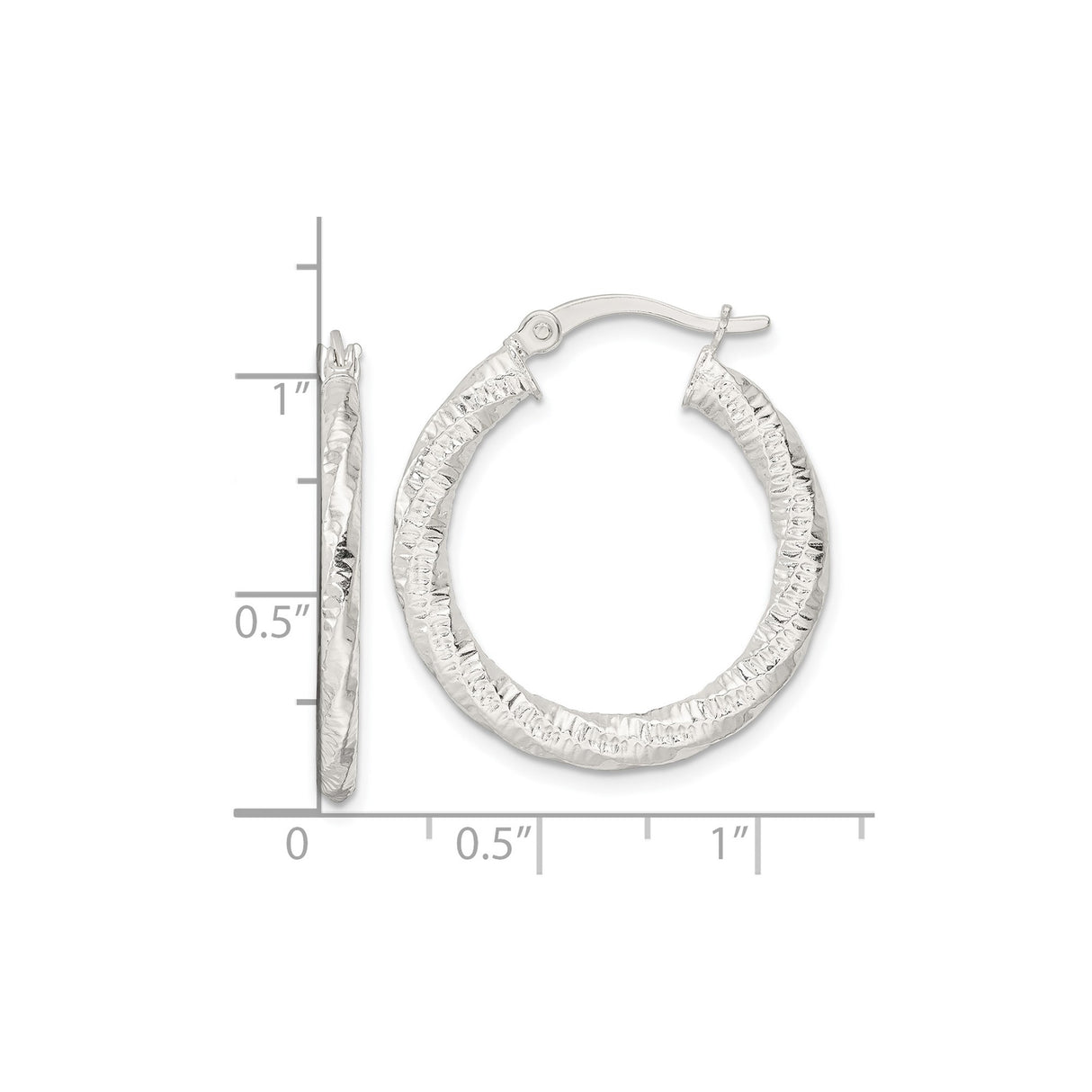 Sterling Silver Hoop Earrings, Hammered Twisted Design with Textured Polished Finish