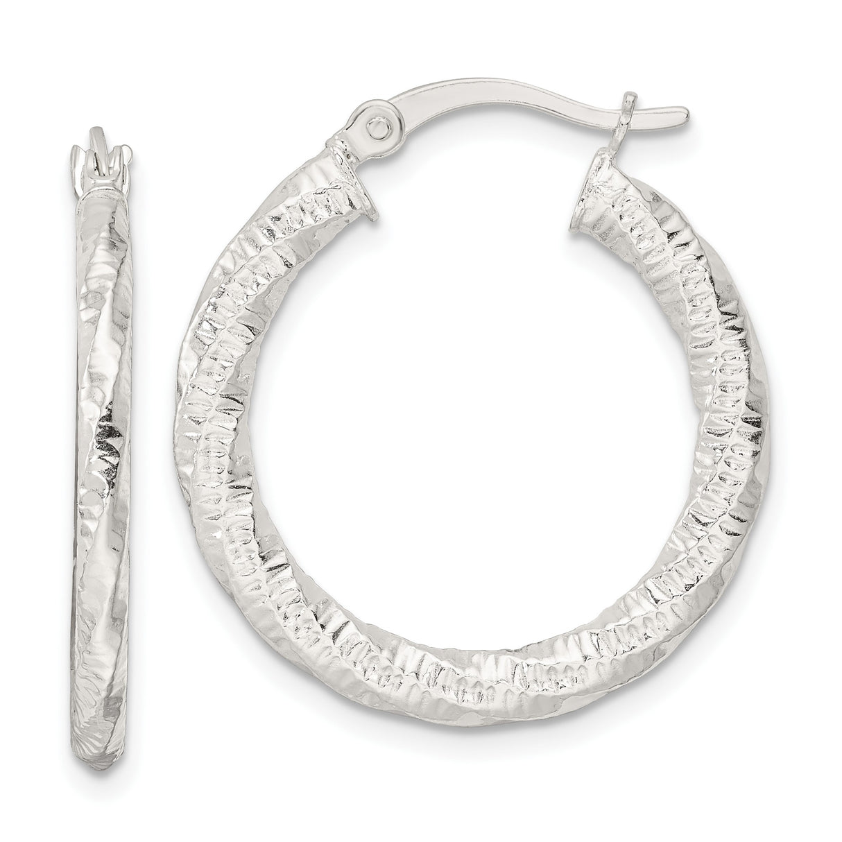 Sterling Silver Hoop Earrings, Hammered Twisted Design with Textured Polished Finish
