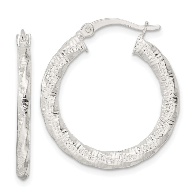 Sterling Silver Hoop Earrings, Hammered Twisted Design with Textured Polished Finish