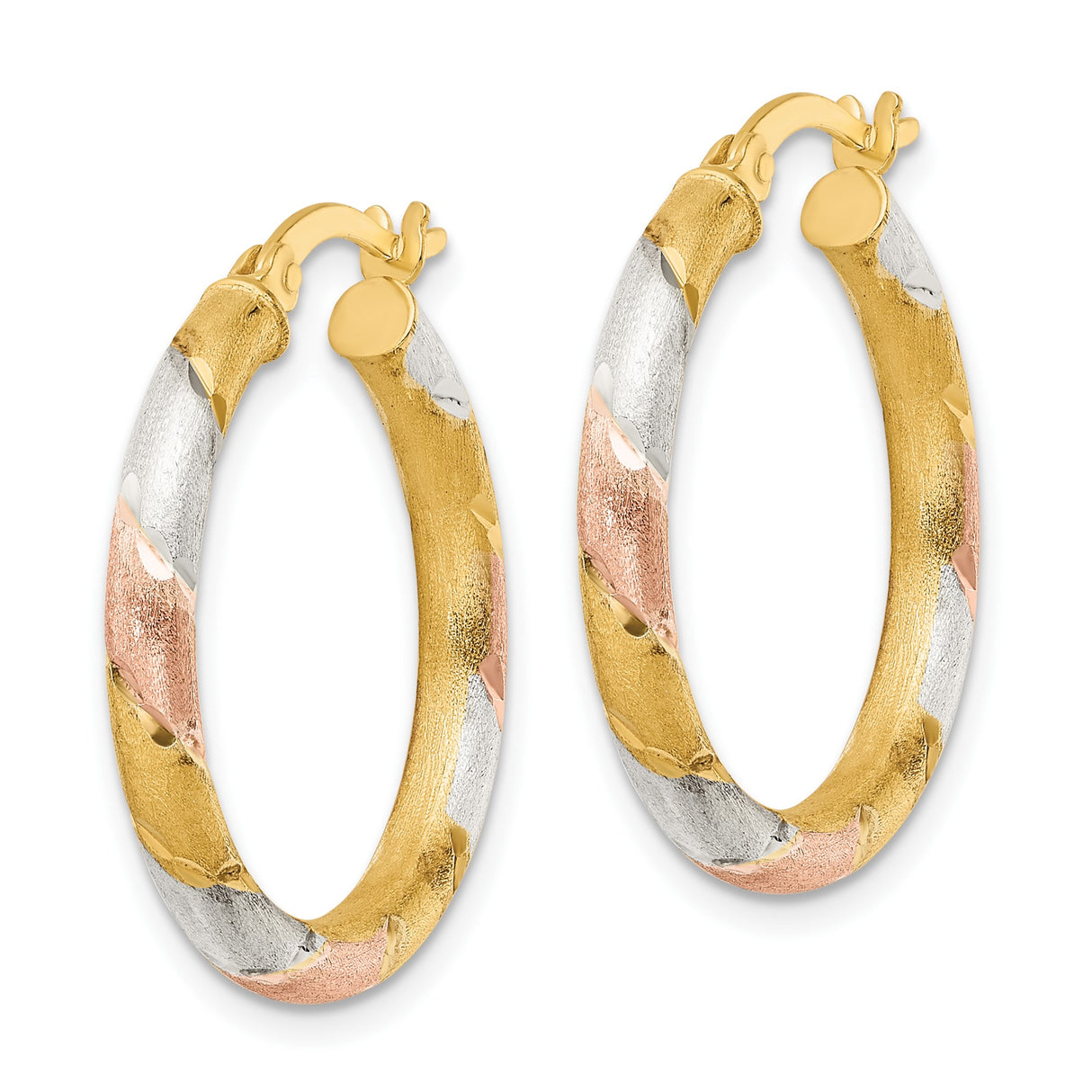 Sterling Silver Hoop Earrings with Tri-Color Gold Plating and Diamond Cut Twist Design for Women