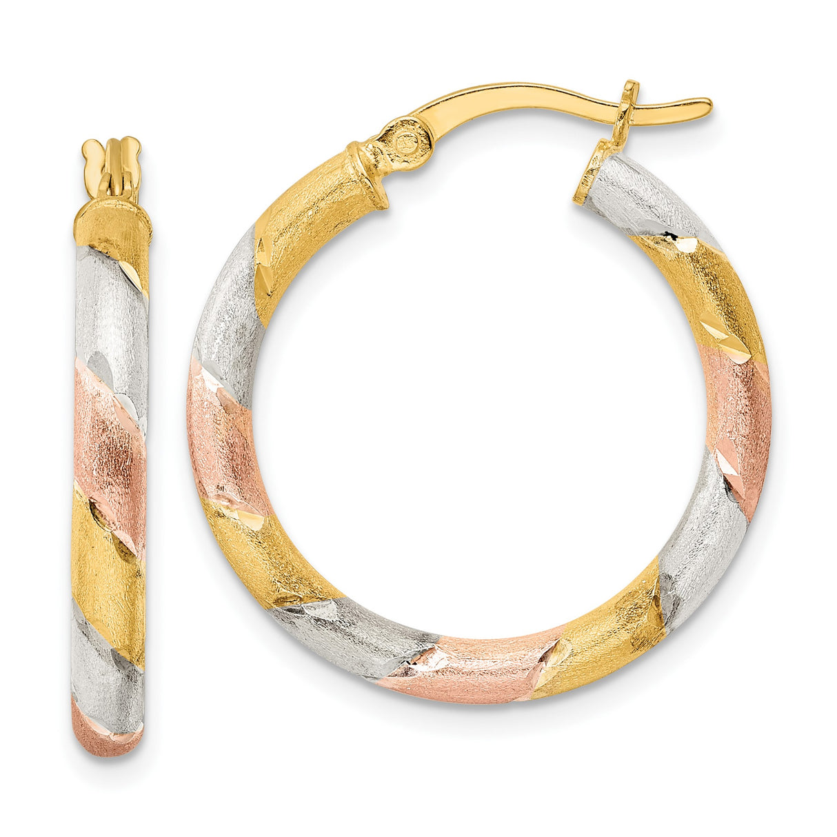 Sterling Silver Hoop Earrings with Tri-Color Gold Plating and Diamond Cut Twist Design for Women