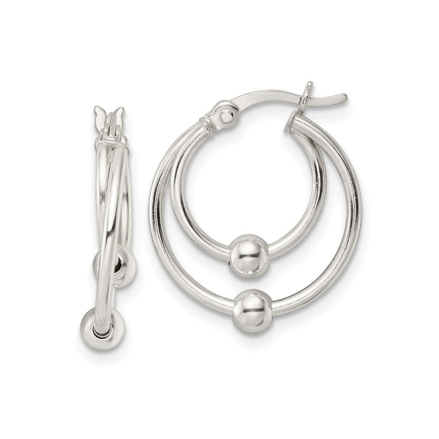 Sterling Silver Hoop Earrings with Double Hoop Design and Polished Ball Accents