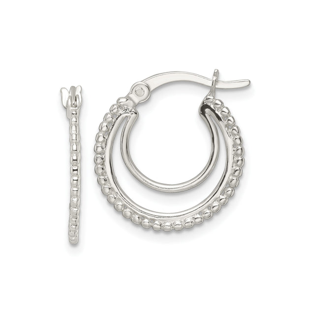 Sterling Silver Hoop Earrings with Textured Beaded Edge and Polished Finish