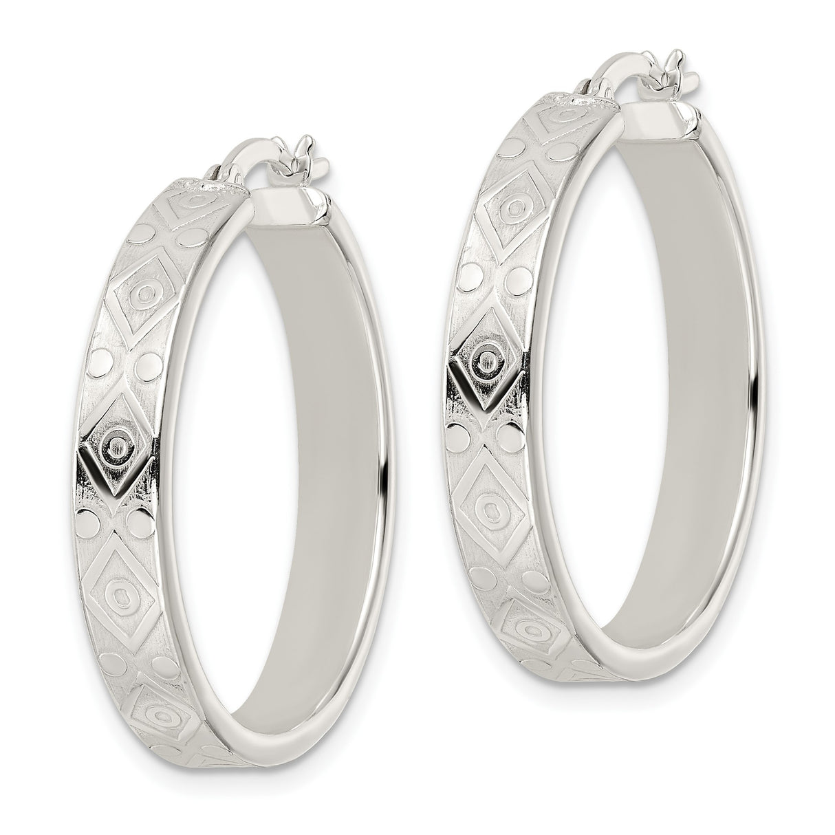 Sterling Silver Hoop Earrings with Geometric Diamond Cut and Etched Circle Design