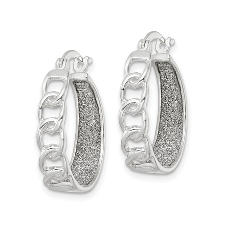 Sterling Silver Hoop Earrings with Textured Inner Surface and Open Curb Chain Design