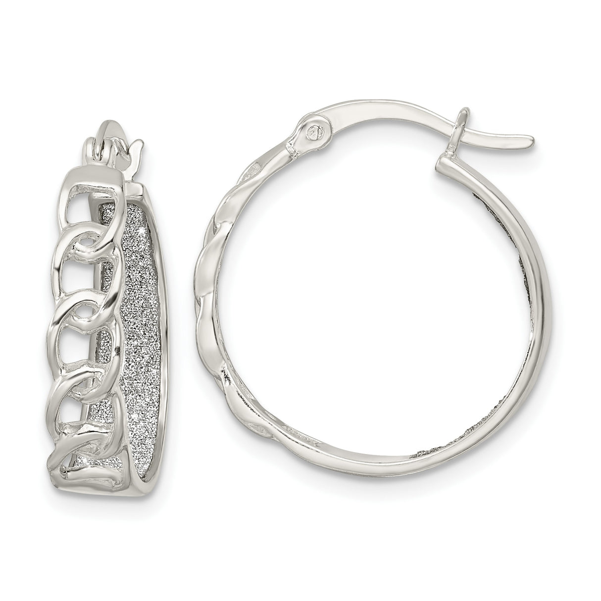 Sterling Silver Hoop Earrings with Textured Inner Surface and Open Curb Chain Design