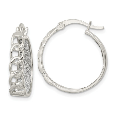 Sterling Silver Hoop Earrings with Textured Inner Surface and Open Curb Chain Design