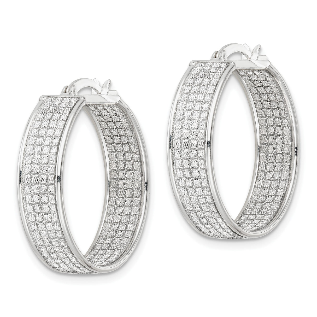 Sterling Silver Hoop Earrings with Diamond-Cut Grid Pattern and Polished Finish