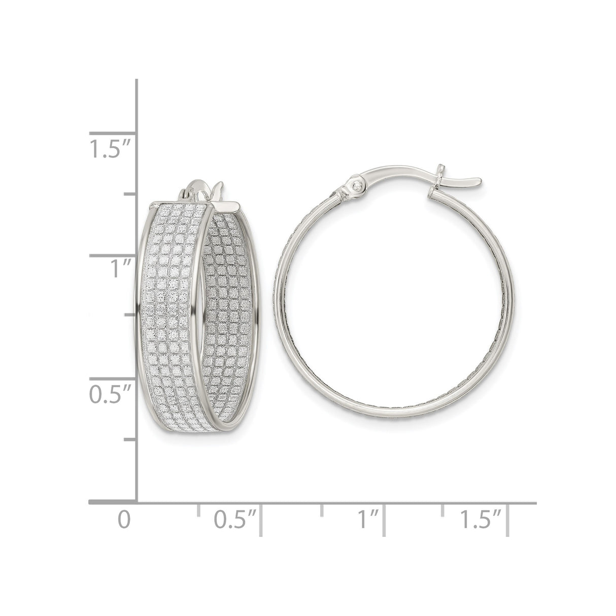 Sterling Silver Hoop Earrings with Diamond-Cut Grid Pattern and Polished Finish