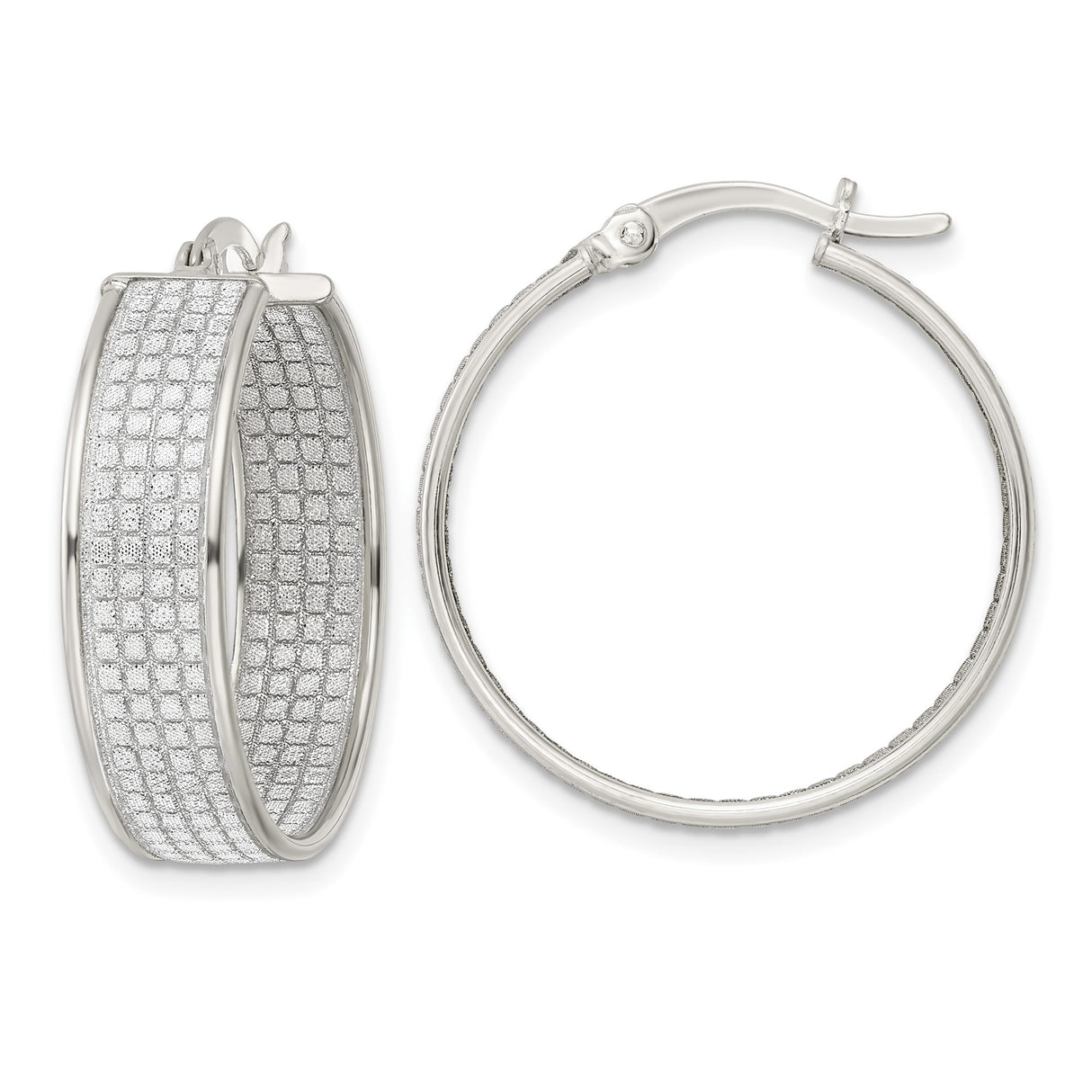 Sterling Silver Hoop Earrings with Diamond-Cut Grid Pattern and Polished Finish