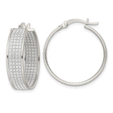 Sterling Silver Hoop Earrings with Diamond-Cut Grid Pattern and Polished Finish