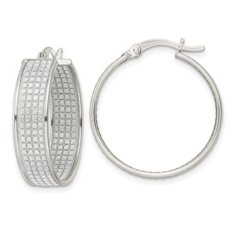 Sterling Silver Hoop Earrings with Diamond-Cut Grid Pattern and Polished Finish