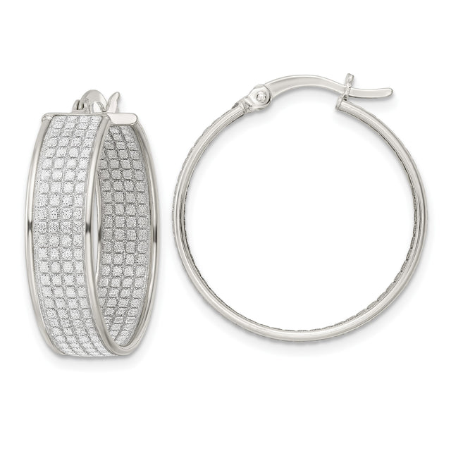 Sterling Silver Hoop Earrings with Diamond-Cut Grid Pattern and Polished Finish