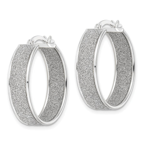 Sterling Silver Hoop Earrings with Glitter Finish and Textured Center Band
