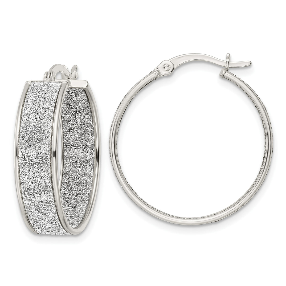 Sterling Silver Hoop Earrings with Glitter Finish and Textured Center Band