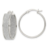 Sterling Silver Hoop Earrings with Glitter Finish and Textured Center Band