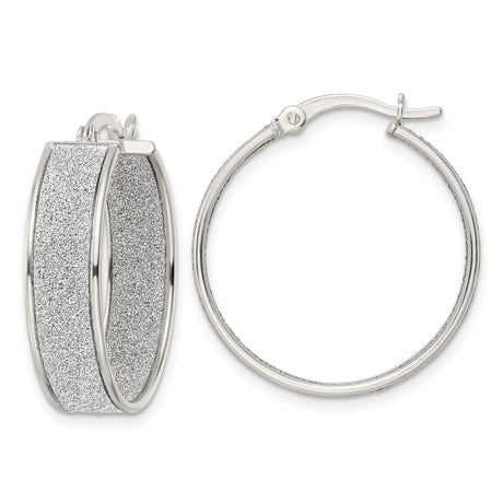 Sterling Silver Hoop Earrings with Glitter Finish and Textured Center Band