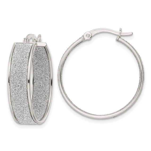 Sterling Silver Hoop Earrings with Glitter Finish and Textured Center Band