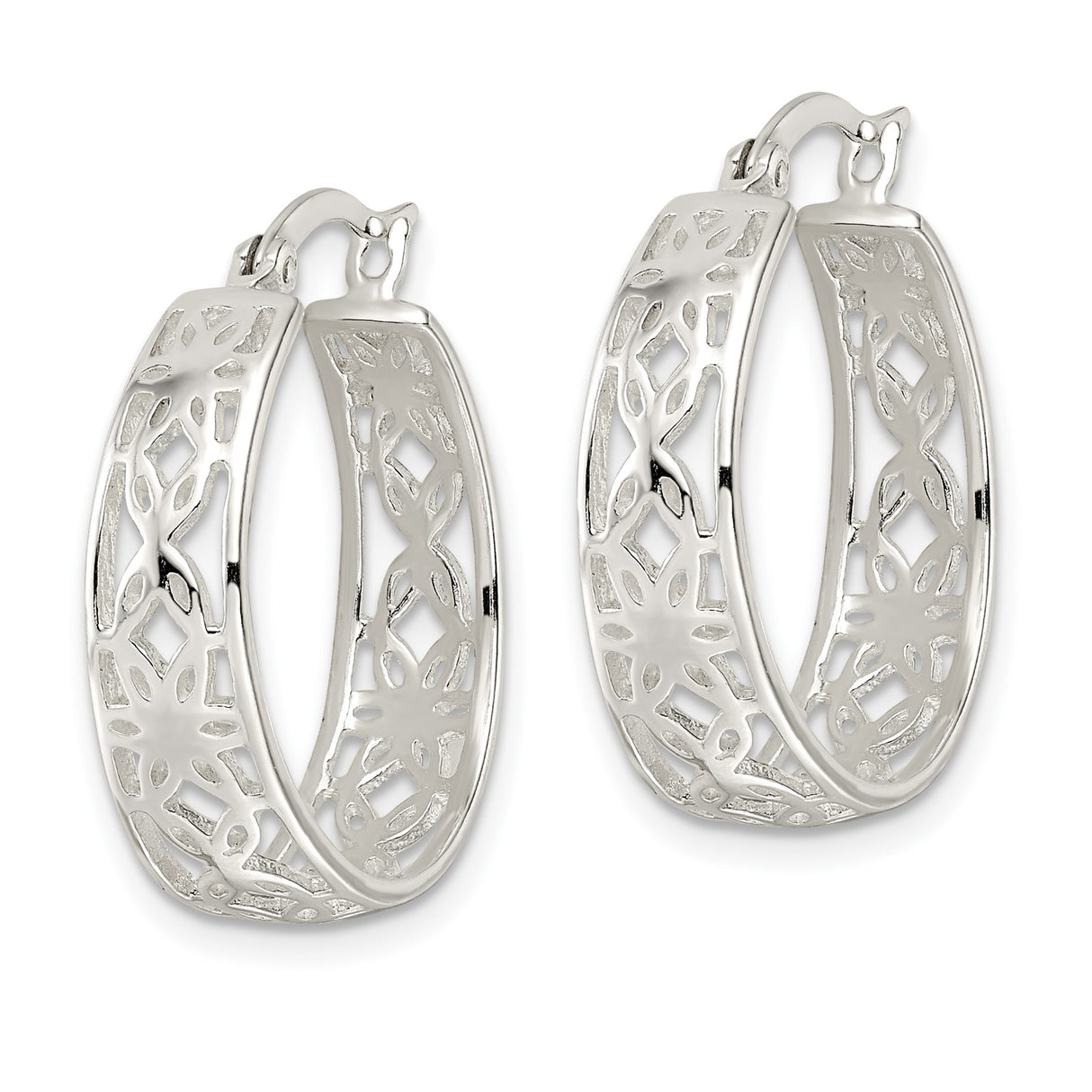 Sterling Silver Hoop Earrings with Filigree Cutout Design and Geometric Motifs