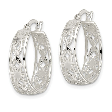 Sterling Silver Hoop Earrings with Filigree Cutout Design and Geometric Motifs