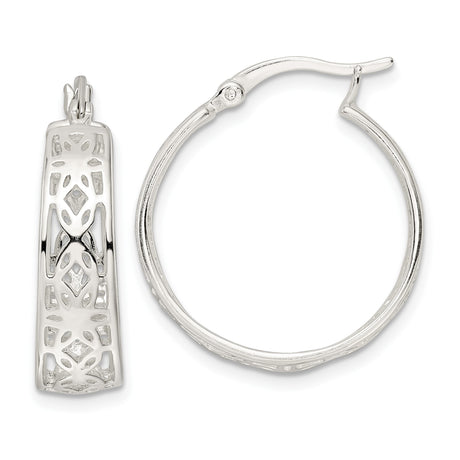 Sterling Silver Hoop Earrings with Filigree Cutout Design and Geometric Motifs