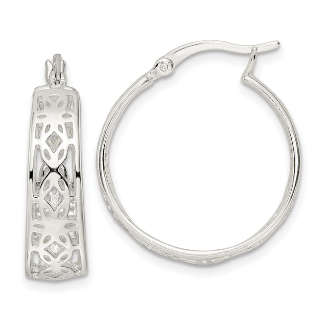 Sterling Silver Hoop Earrings with Filigree Cutout Design and Geometric Motifs
