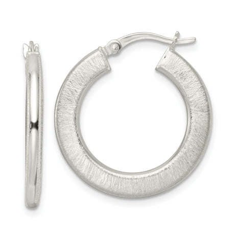 Sterling Silver Hoop Earrings with Brushed Textured Finish, Medium Round Lightweight Design