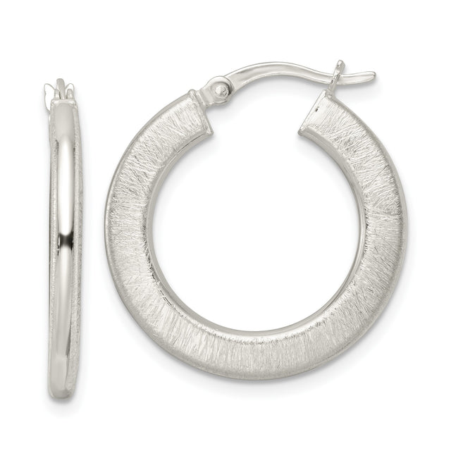 Sterling Silver Hoop Earrings with Brushed Textured Finish, Medium Round Lightweight Design