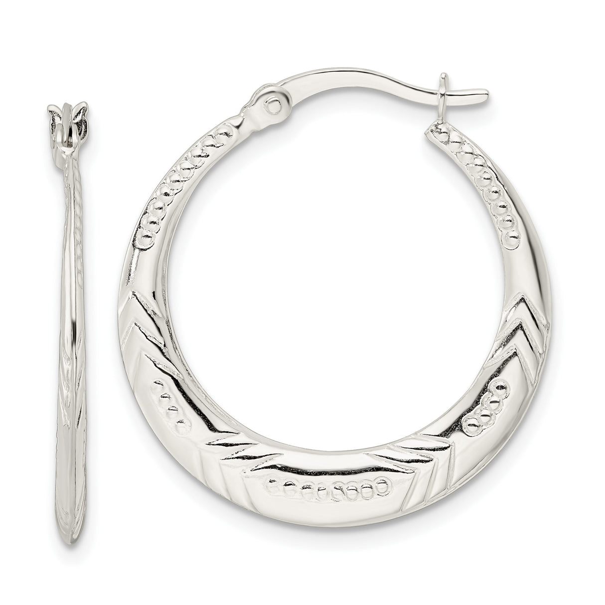 Sterling Silver Hoop Earrings with Textured Chevron and Dotted Tribal Design for Women