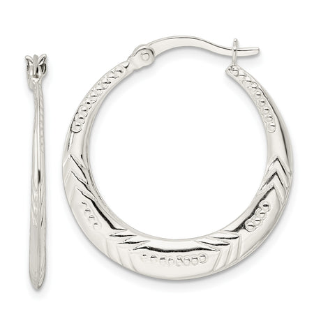 Sterling Silver Hoop Earrings with Textured Chevron and Dotted Tribal Design for Women