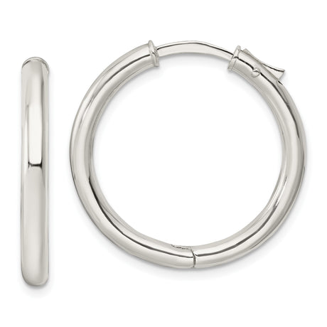 Sterling Silver Hoop Earrings, Polished Round Hinged Tube, Lightweight Medium Size Style