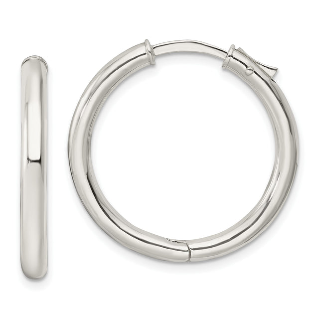 Sterling Silver Hoop Earrings, Polished Round Hinged Tube, Lightweight Medium Size Style