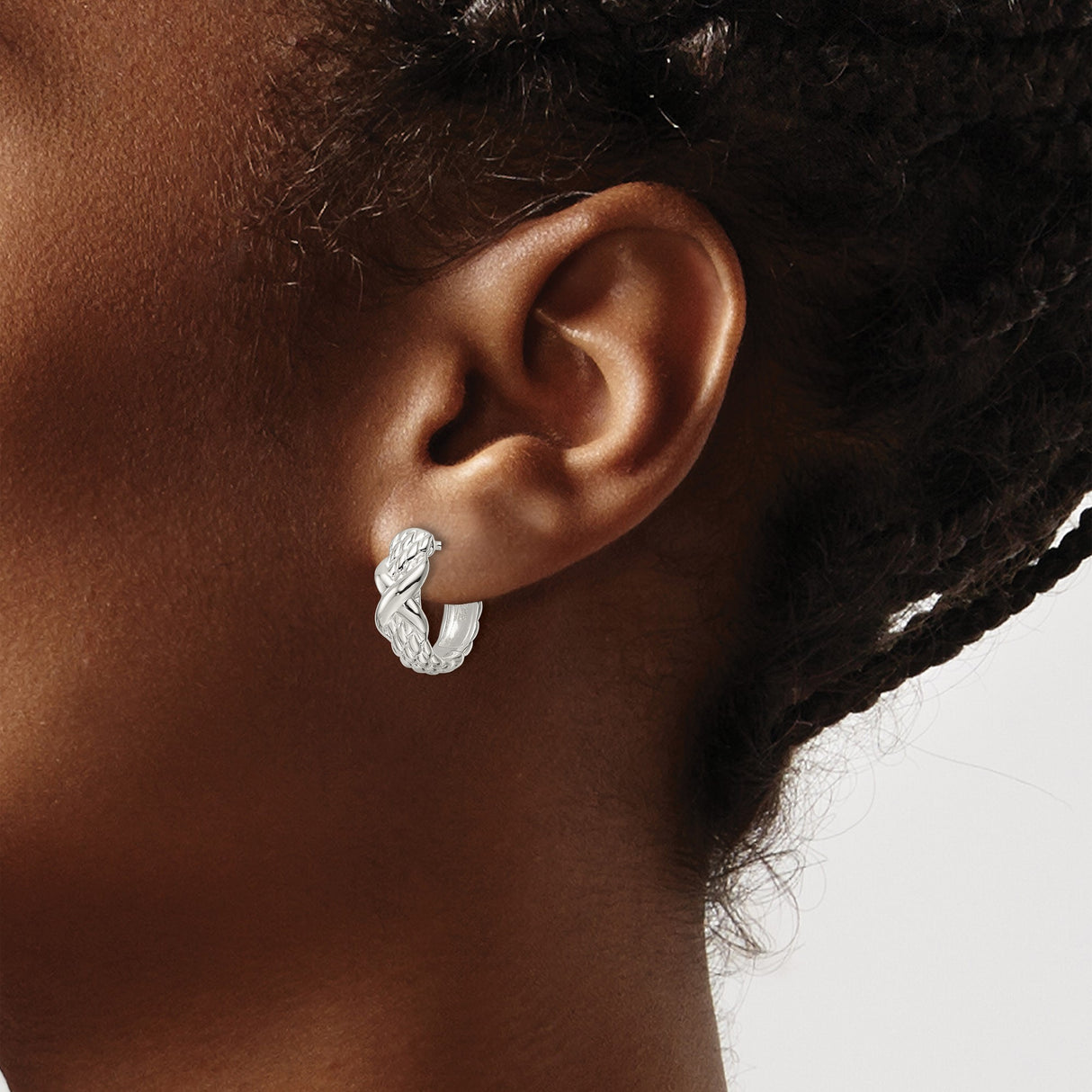 Sterling Silver Hoop Earrings with Woven Texture and Polished X Design