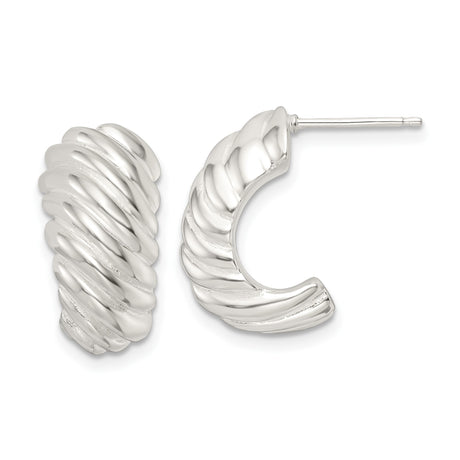 Sterling Silver Twisted Hoop Earrings for Women with Ribbed Bold Design, Polished Rope Texture Half-Hoop Studs, Classic Modern Silver Hoops, Textured Sleek Jewelry for Daily Wear