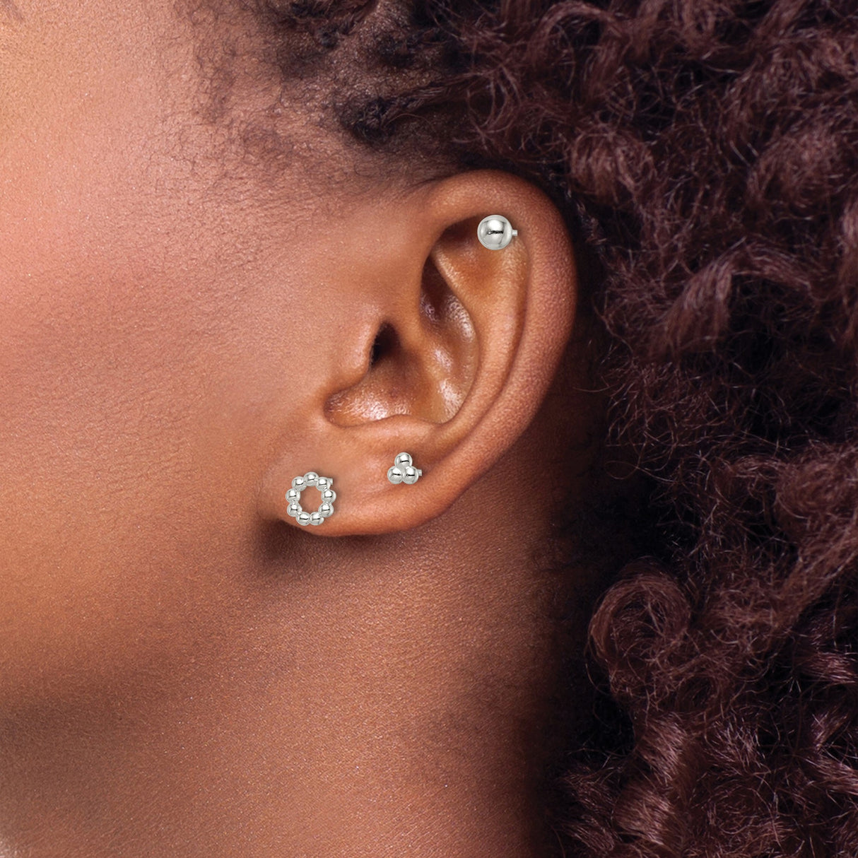 Sterling Silver Stud Earrings Set with Geometric Ball Designs in Round, Triangle, Bar, and Circle Shapes
