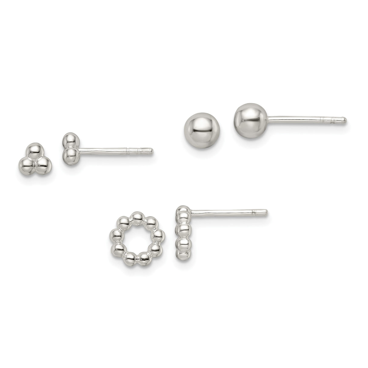 Sterling Silver Stud Earrings Set with Geometric Ball Designs in Round, Triangle, Bar, and Circle Shapes