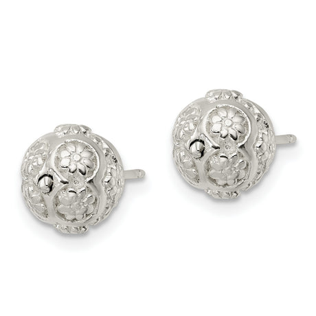 Sterling Silver Floral Filigree Stud Earrings, Textured Round Ball Design, Vintage Inspired