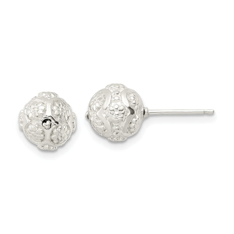 Sterling Silver Floral Filigree Stud Earrings, Textured Round Ball Design, Vintage Inspired
