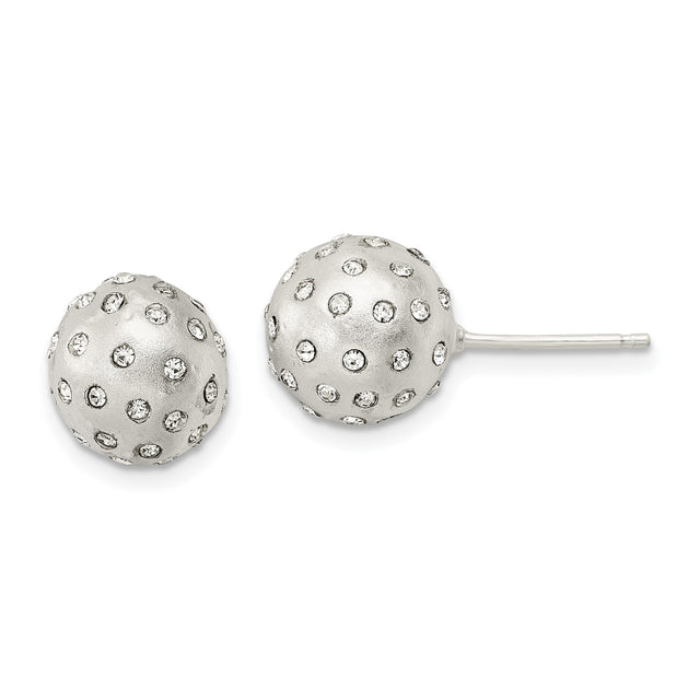 Sterling Silver Ball Stud Earrings with Clear Crystals and Textured Dome Design