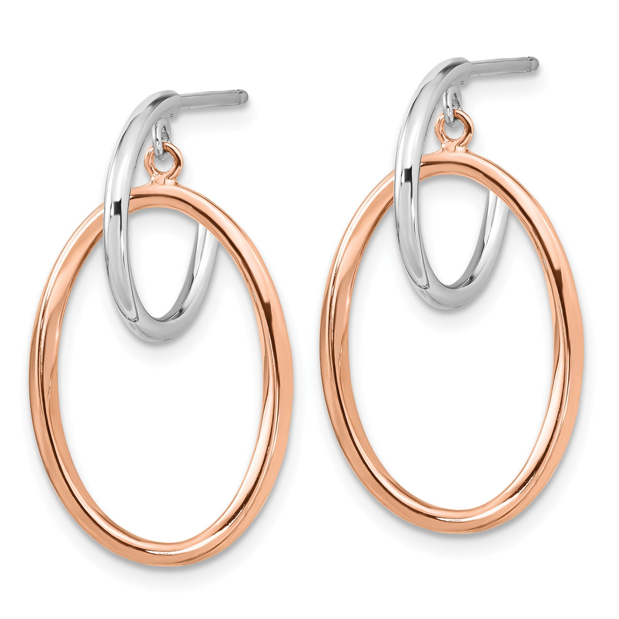 Sterling Silver Dangle Hoop Earrings with Rose Gold Interlocking Circles, Modern Geometric Design