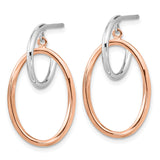 Sterling Silver Dangle Hoop Earrings with Rose Gold Interlocking Circles, Modern Geometric Design