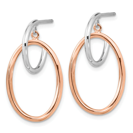 Sterling Silver Dangle Hoop Earrings with Rose Gold Interlocking Circles, Modern Geometric Design