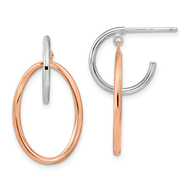 Sterling Silver Dangle Hoop Earrings with Rose Gold Interlocking Circles, Modern Geometric Design